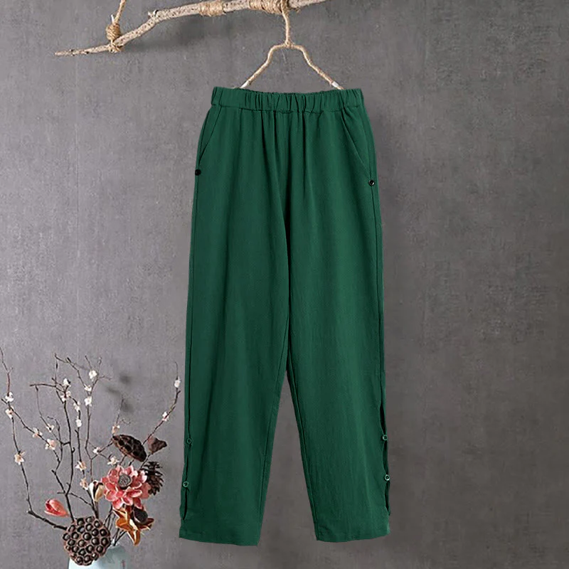 Pantaloni da donna in cotone e lino con tasche, modello Buddha Stones, casual, colore puro, con polsini e bottoni cavi - Image 20