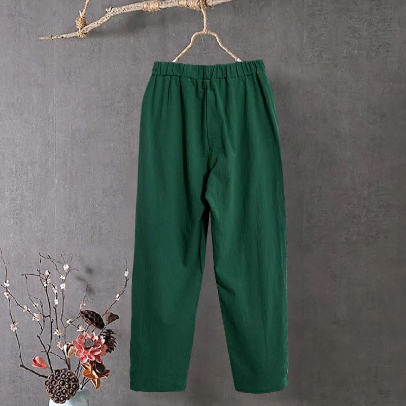 Pantaloni da donna in cotone e lino con tasche, modello Buddha Stones, casual, colore puro, con polsini e bottoni cavi - Image 21