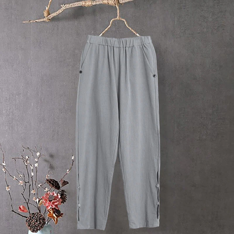 Pantaloni da donna in cotone e lino con tasche, modello Buddha Stones, casual, colore puro, con polsini e bottoni cavi - Image 22