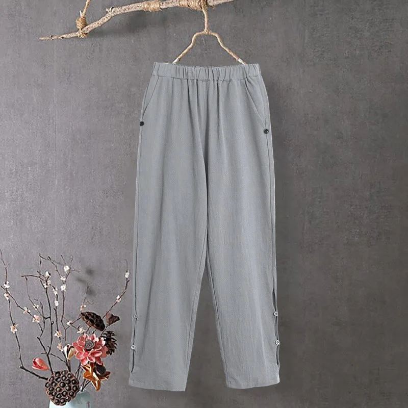 Pantaloni da donna in cotone e lino con tasche, modello Buddha Stones, casual, colore puro, con polsini e bottoni cavi - Image 23