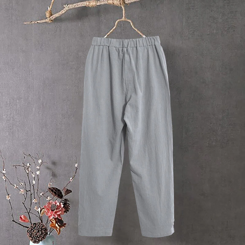 Pantaloni da donna in cotone e lino con tasche, modello Buddha Stones, casual, colore puro, con polsini e bottoni cavi - Image 24