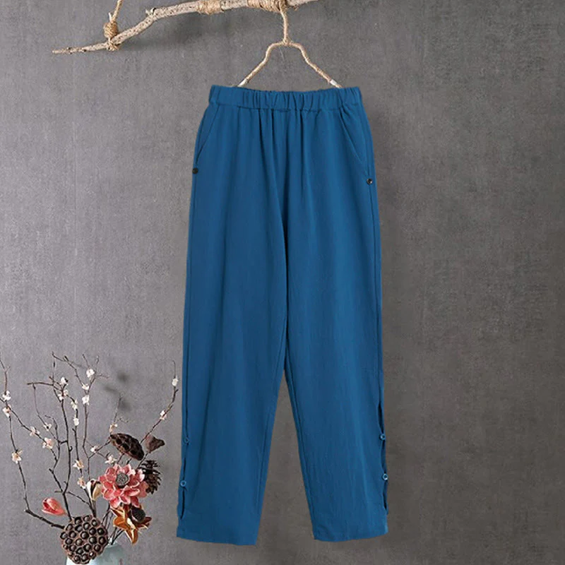 Pantaloni da donna in cotone e lino con tasche, modello Buddha Stones, casual, colore puro, con polsini e bottoni cavi - Image 25