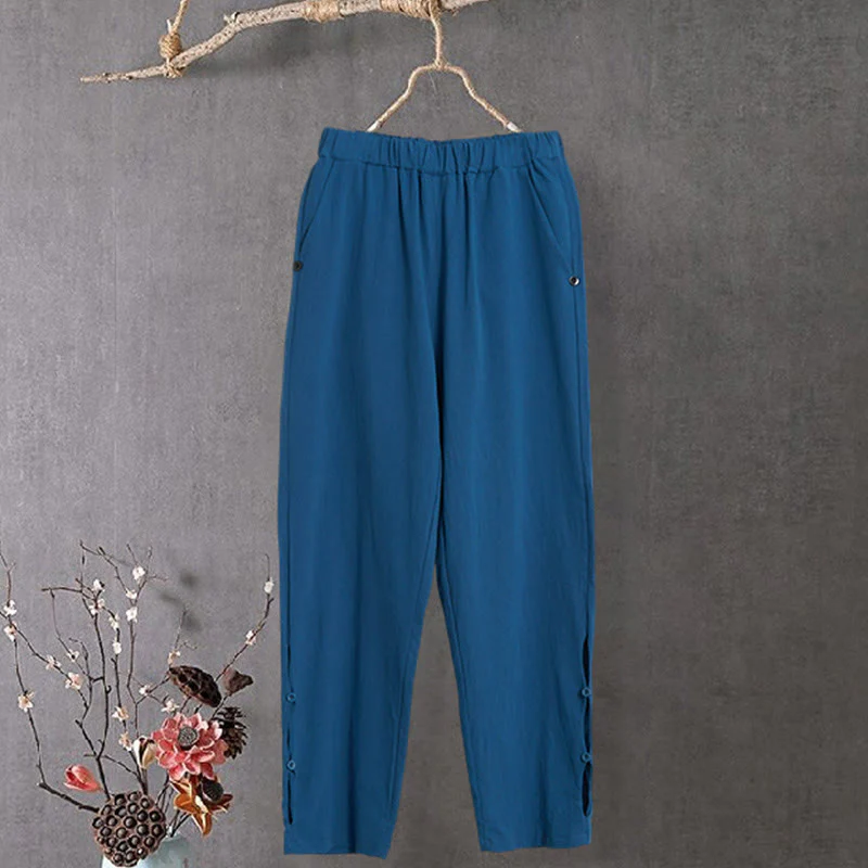 Pantaloni da donna in cotone e lino con tasche, modello Buddha Stones, casual, colore puro, con polsini e bottoni cavi - Image 26