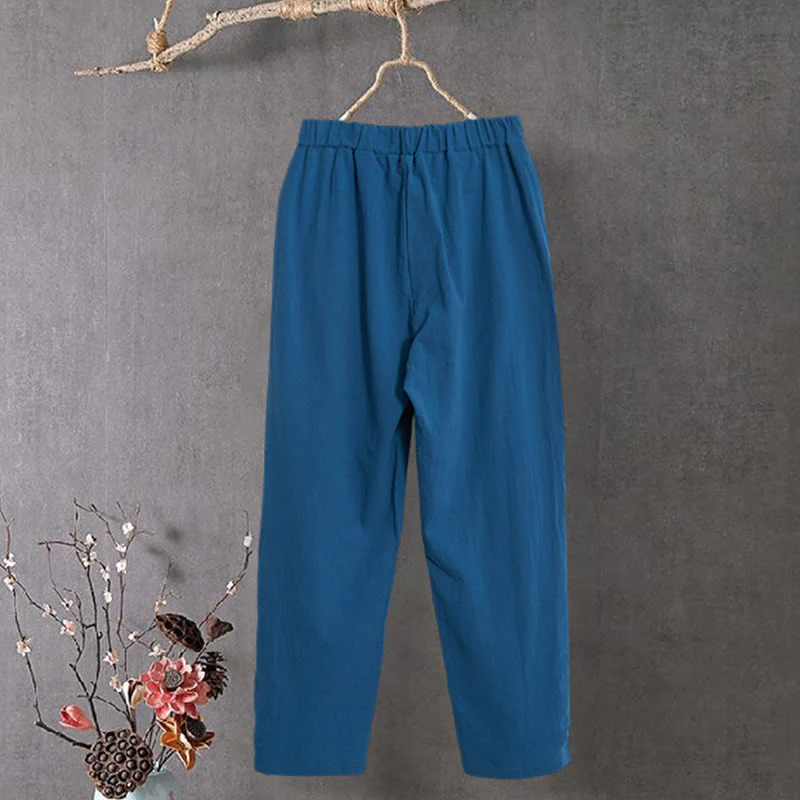 Pantaloni da donna in cotone e lino con tasche, modello Buddha Stones, casual, colore puro, con polsini e bottoni cavi - Image 27