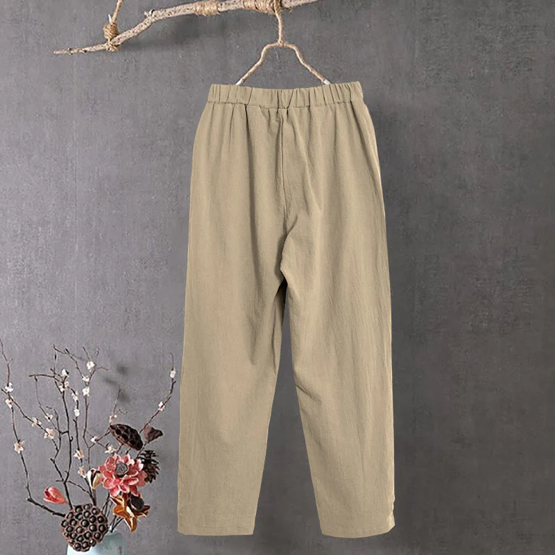 Pantaloni da donna in cotone e lino con tasche, modello Buddha Stones, casual, colore puro, con polsini e bottoni cavi - Image 3