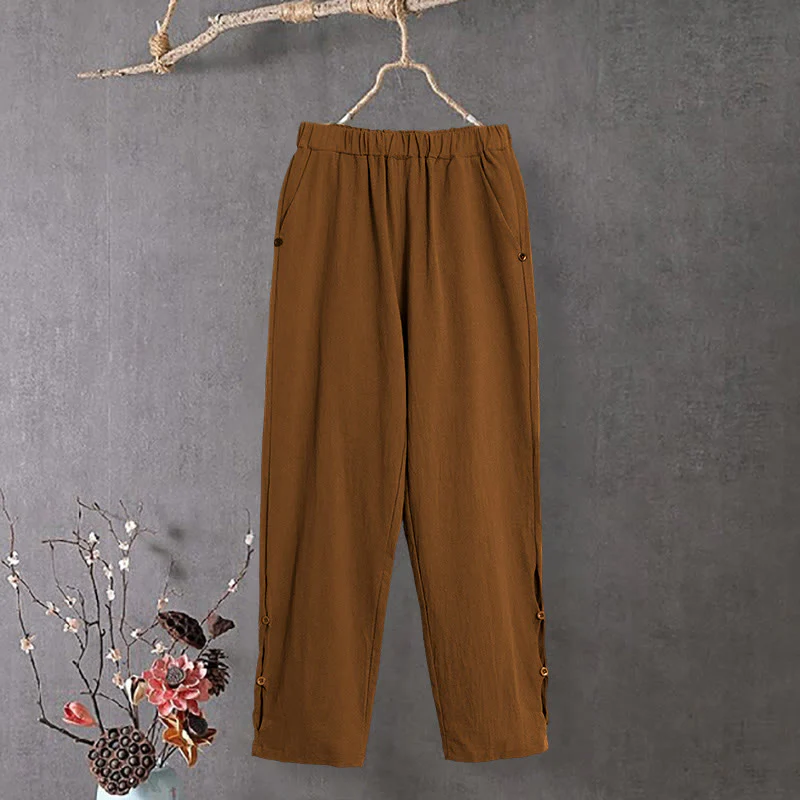 Pantaloni da donna in cotone e lino con tasche, modello Buddha Stones, casual, colore puro, con polsini e bottoni cavi - Image 8