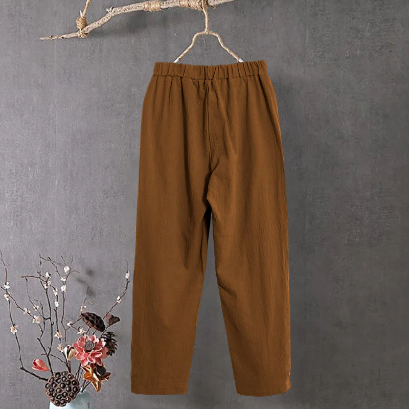 Pantaloni da donna in cotone e lino con tasche, modello Buddha Stones, casual, colore puro, con polsini e bottoni cavi - Image 9