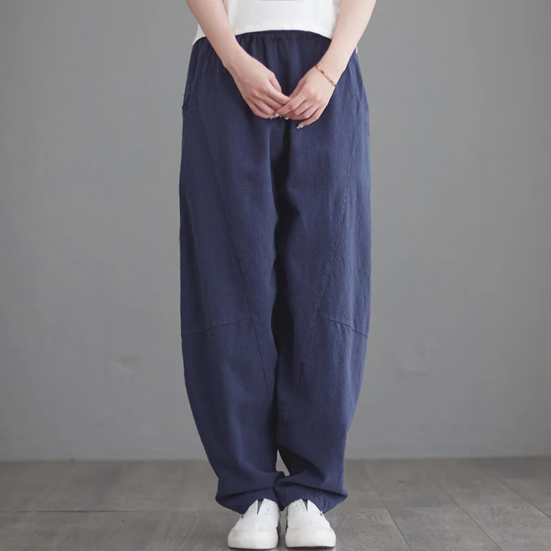 Pantaloni da donna in cotone larghi e semplici, casual, con tasche , Buddha Stones - Image 4