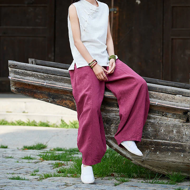 Pantaloni da donna in cotone ramiè con Buddha Stones, casual, tinta unita, con elastico in vita e fodera in pile - Image 18