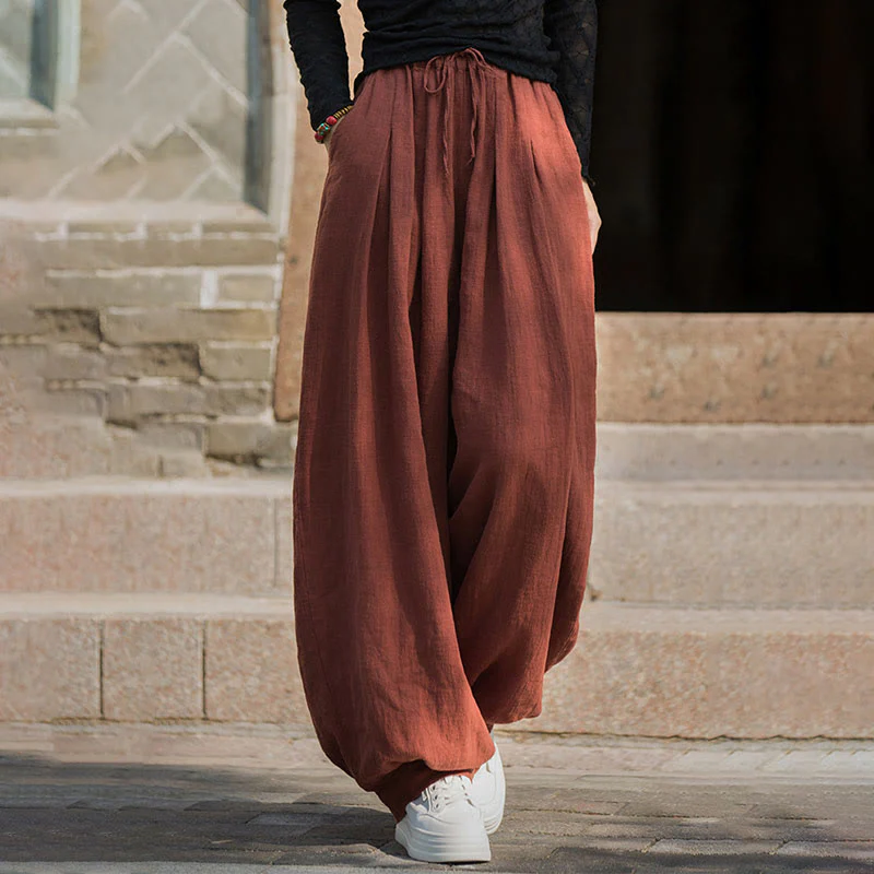 Pantaloni da donna in cotone ramiè con tasche, casual, tinta unita, larghi, con cintura e cravatta in corda Buddha Stones