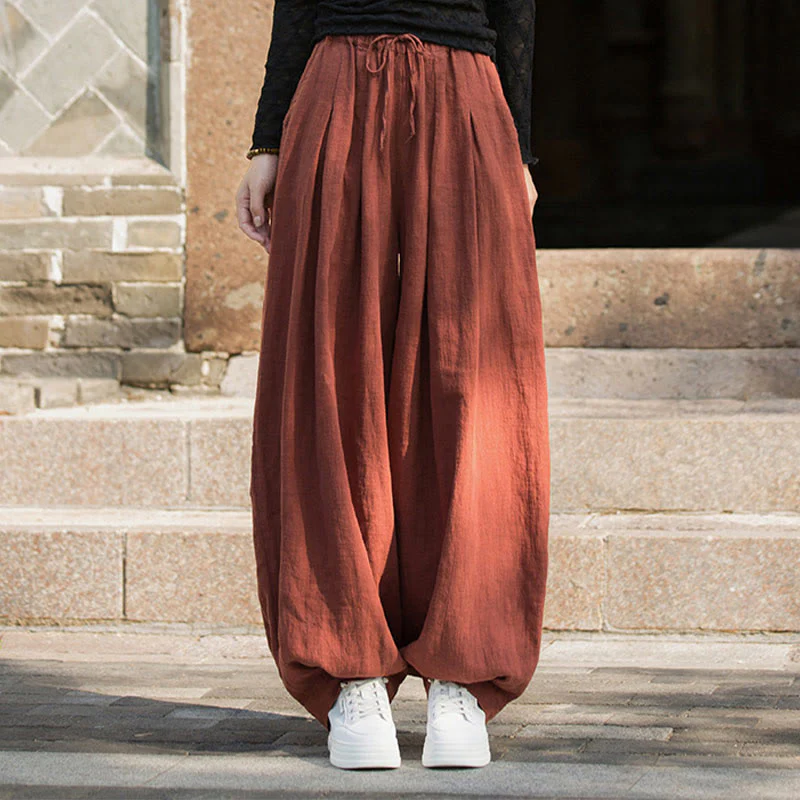 Pantaloni da donna in cotone ramiè con tasche, casual, tinta unita, larghi, con cintura e cravatta in corda Buddha Stones - Image 2