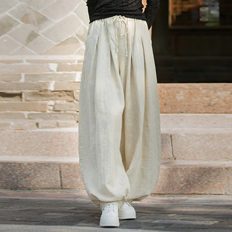 Pantaloni da donna in cotone ramiè con tasche, casual, tinta unita, larghi, con cintura e cravatta in corda Buddha Stones - Image 21