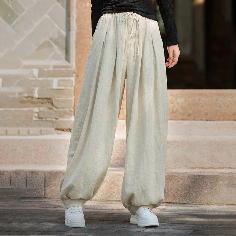 Pantaloni da donna in cotone ramiè con tasche, casual, tinta unita, larghi, con cintura e cravatta in corda Buddha Stones - Image 29
