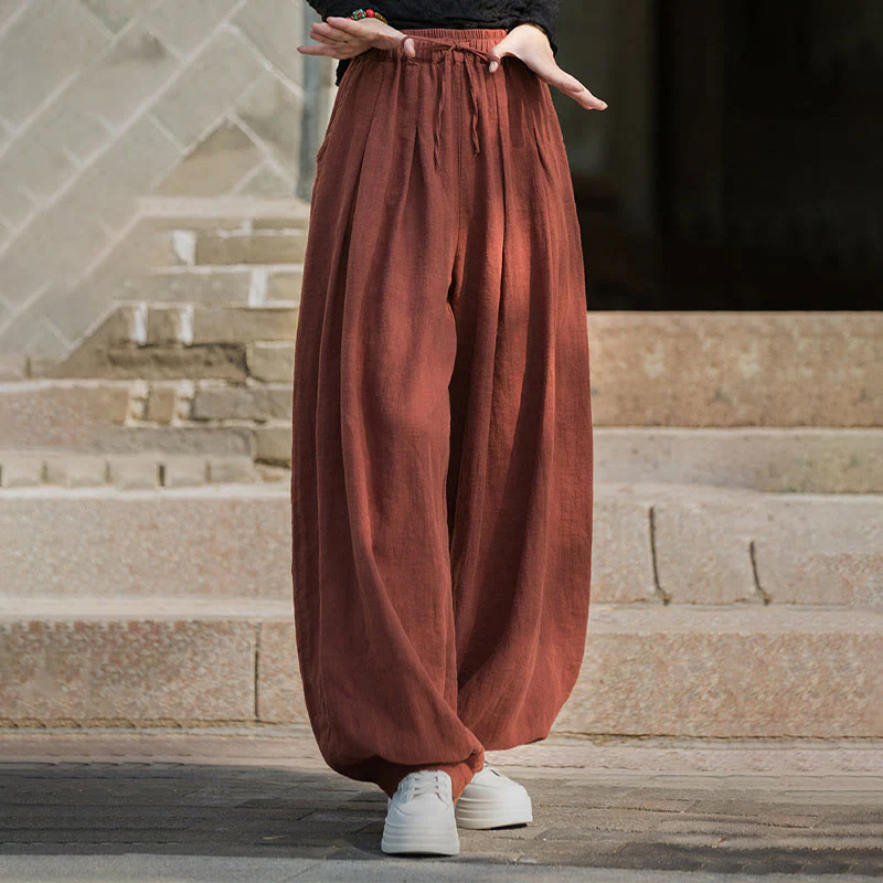 Pantaloni da donna in cotone ramiè con tasche, casual, tinta unita, larghi, con cintura e cravatta in corda Buddha Stones - Image 3