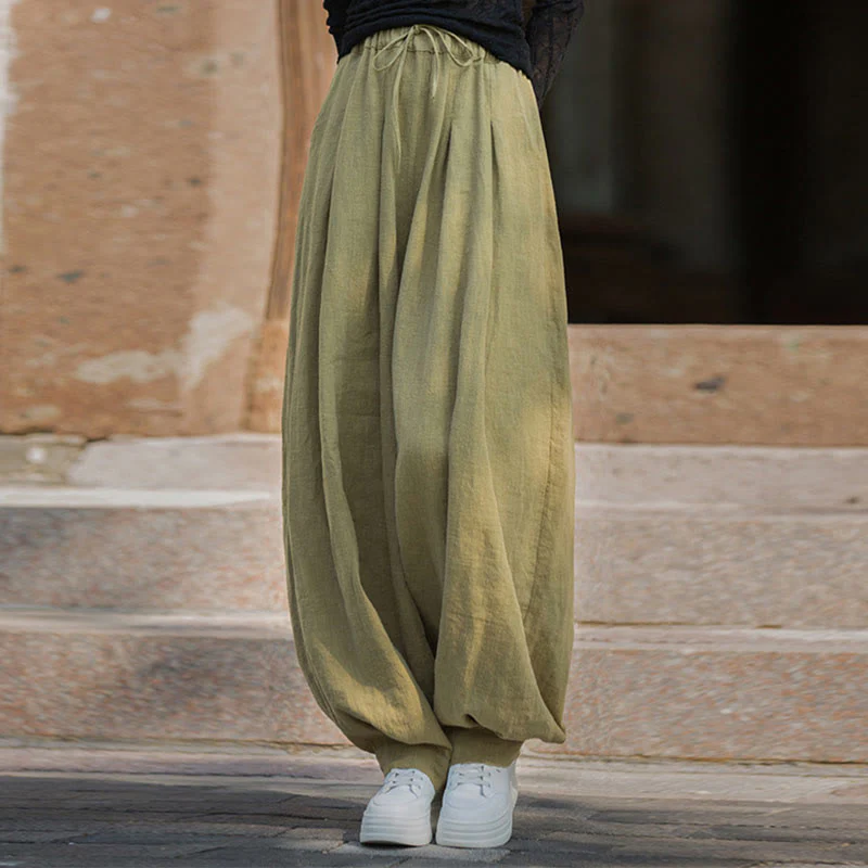 Pantaloni da donna in cotone ramiè con tasche, casual, tinta unita, larghi, con cintura e cravatta in corda Buddha Stones - Image 30