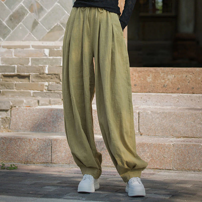 Pantaloni da donna in cotone ramiè con tasche, casual, tinta unita, larghi, con cintura e cravatta in corda Buddha Stones - Image 32