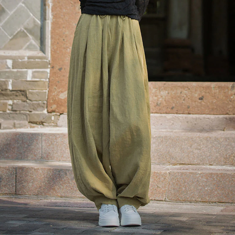 Pantaloni da donna in cotone ramiè con tasche, casual, tinta unita, larghi, con cintura e cravatta in corda Buddha Stones - Image 33