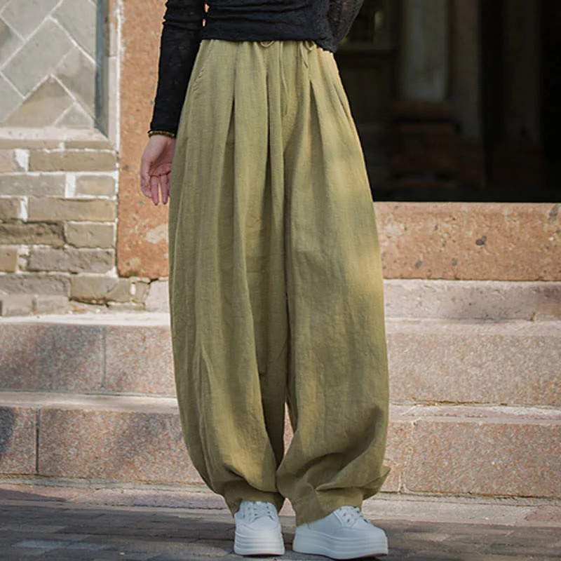 Pantaloni da donna in cotone ramiè con tasche, casual, tinta unita, larghi, con cintura e cravatta in corda Buddha Stones - Image 36