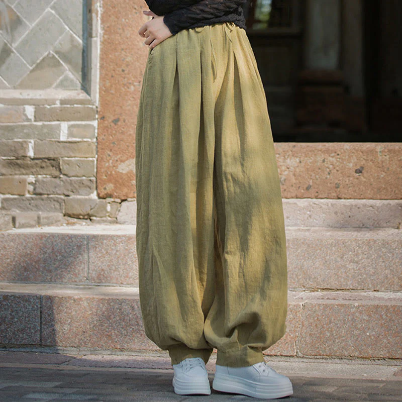 Pantaloni da donna in cotone ramiè con tasche, casual, tinta unita, larghi, con cintura e cravatta in corda Buddha Stones - Image 37