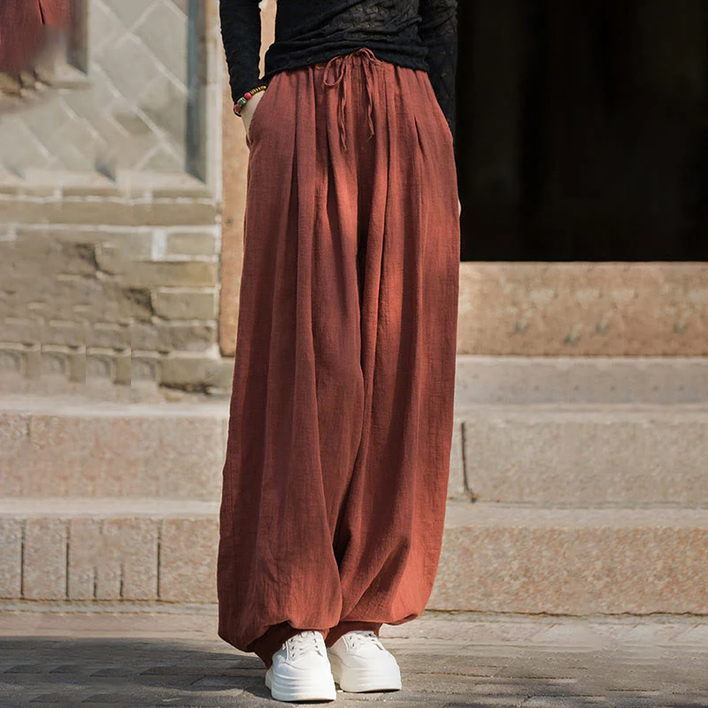 Pantaloni da donna in cotone ramiè con tasche, casual, tinta unita, larghi, con cintura e cravatta in corda Buddha Stones - Image 4