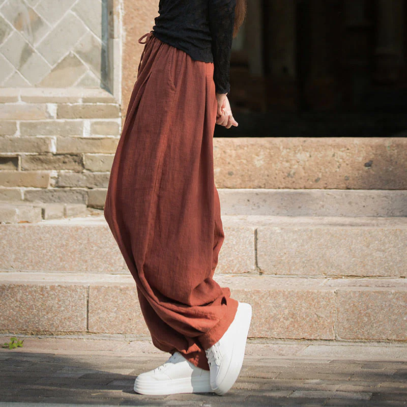 Pantaloni da donna in cotone ramiè con tasche, casual, tinta unita, larghi, con cintura e cravatta in corda Buddha Stones - Image 5