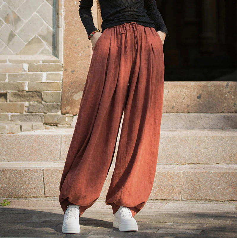 Pantaloni da donna in cotone ramiè con tasche, casual, tinta unita, larghi, con cintura e cravatta in corda Buddha Stones - Image 6
