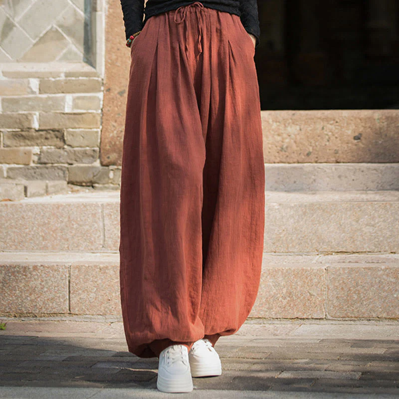 Pantaloni da donna in cotone ramiè con tasche, casual, tinta unita, larghi, con cintura e cravatta in corda Buddha Stones - Image 7