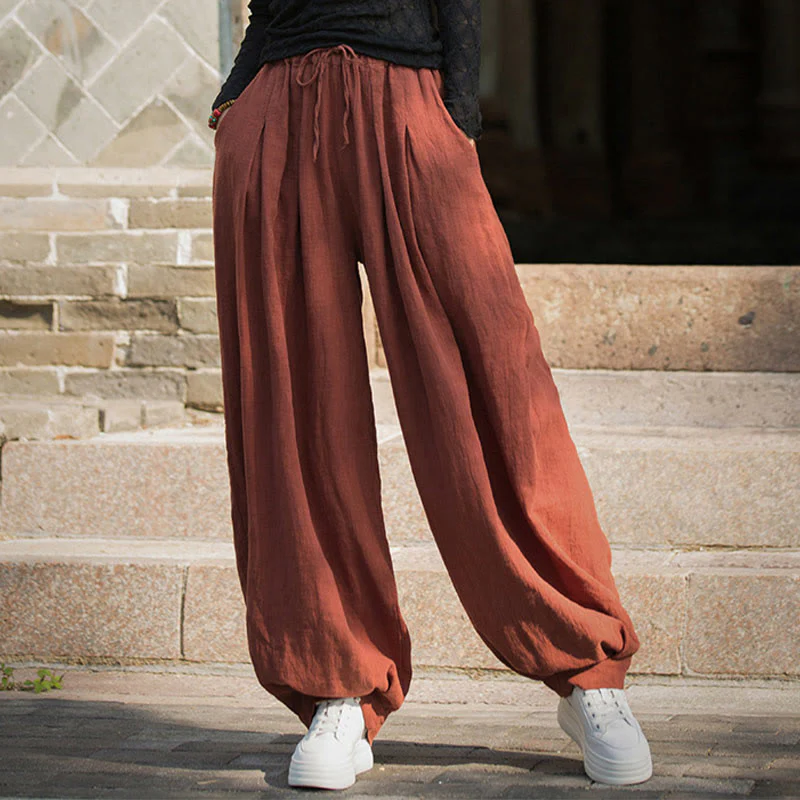 Pantaloni da donna in cotone ramiè con tasche, casual, tinta unita, larghi, con cintura e cravatta in corda Buddha Stones - Image 8