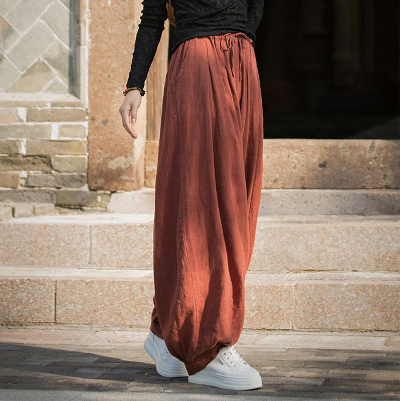 Pantaloni da donna in cotone ramiè con tasche, casual, tinta unita, larghi, con cintura e cravatta in corda Buddha Stones - Image 9