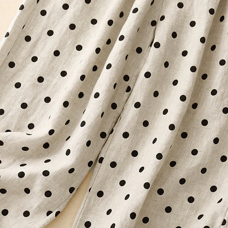 Pantaloni da donna in lino di cotone con coulisse e pois neri casual Buddha Stones con tasche - Image 10