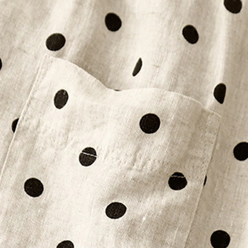 Pantaloni da donna in lino di cotone con coulisse e pois neri casual Buddha Stones con tasche - Image 11