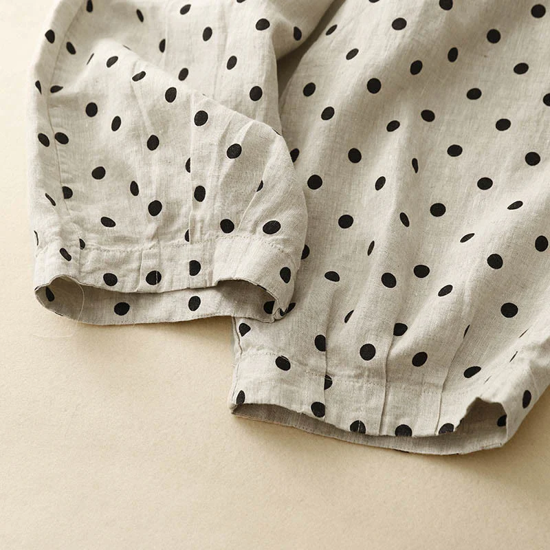 Pantaloni da donna in lino di cotone con coulisse e pois neri casual Buddha Stones con tasche - Image 12