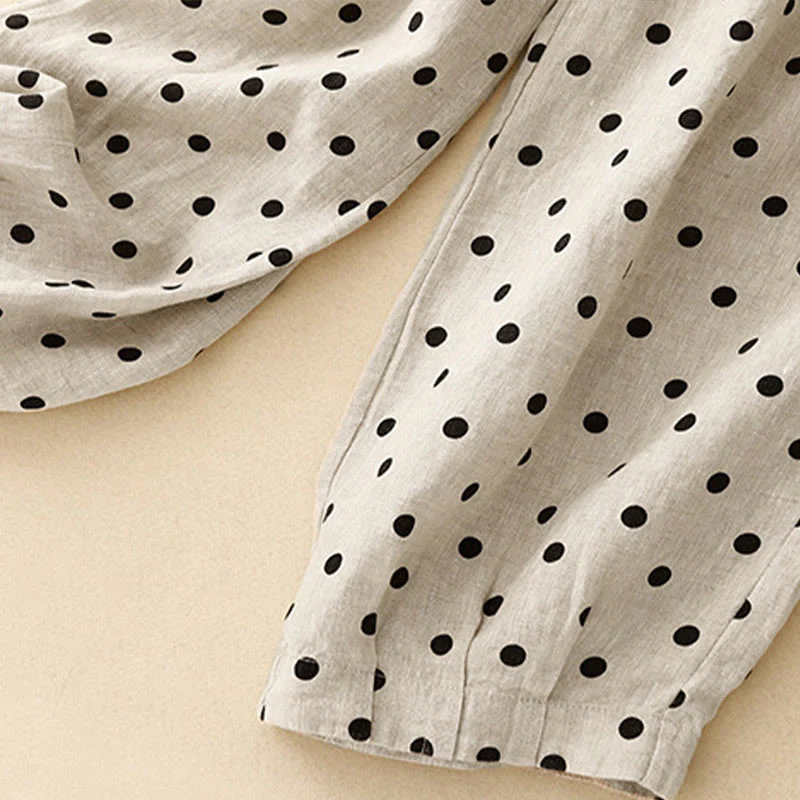 Pantaloni da donna in lino di cotone con coulisse e pois neri casual Buddha Stones con tasche - Image 13