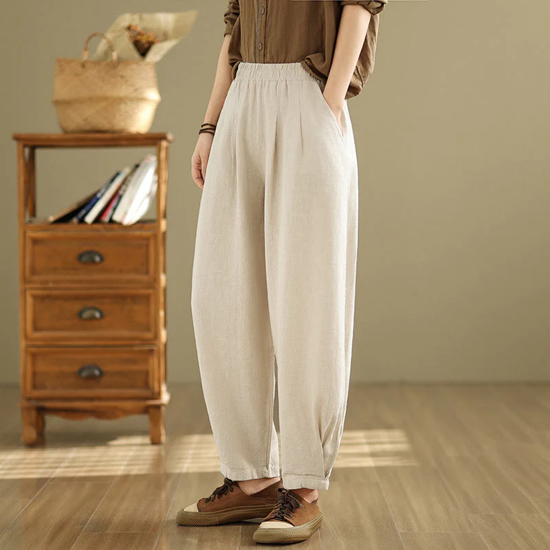 Pantaloni da donna in lino di cotone con tasche, casual, tinta unita, con elastico in vita , Buddha Stones - Image 10