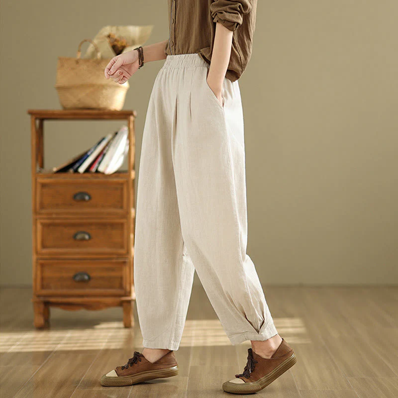 Pantaloni da donna in lino di cotone con tasche, casual, tinta unita, con elastico in vita , Buddha Stones - Image 11
