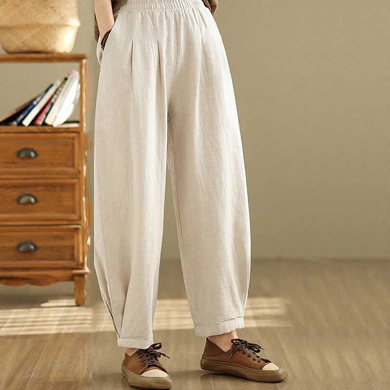 Pantaloni da donna in lino di cotone con tasche, casual, tinta unita, con elastico in vita , Buddha Stones - Image 13