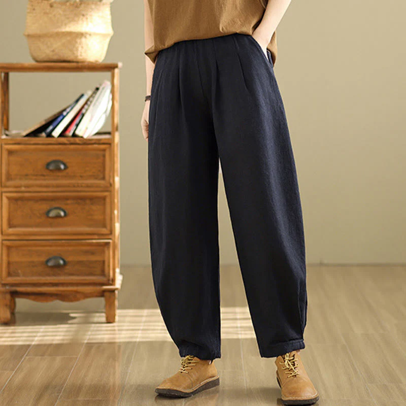 Pantaloni da donna in lino di cotone con tasche, casual, tinta unita, con elastico in vita , Buddha Stones - Image 21