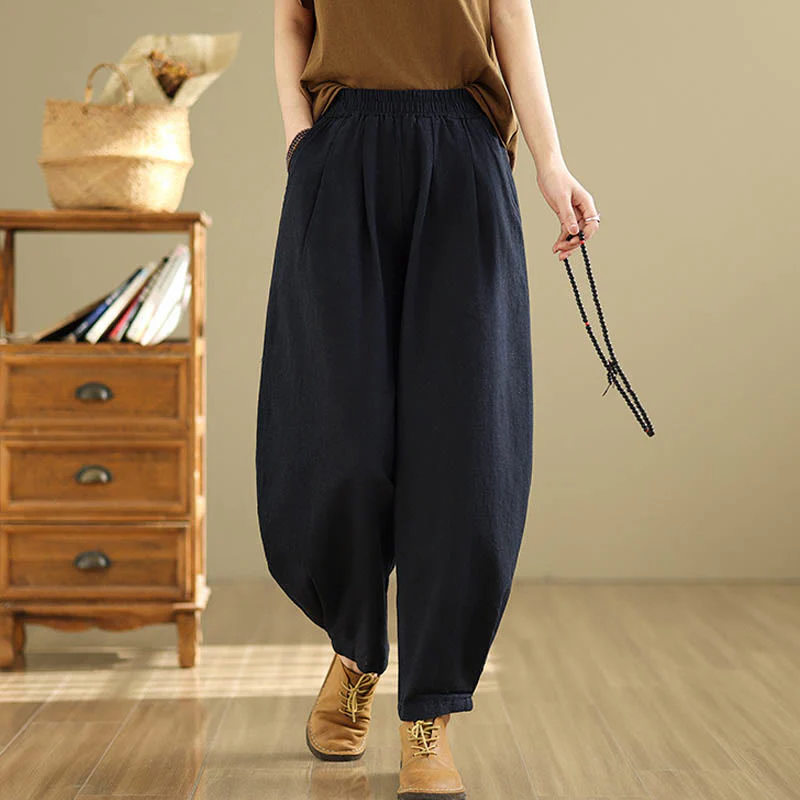 Pantaloni da donna in lino di cotone con tasche, casual, tinta unita, con elastico in vita , Buddha Stones - Image 22