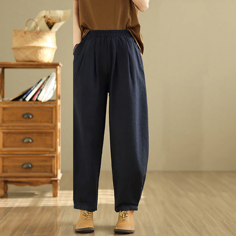 Pantaloni da donna in lino di cotone con tasche, casual, tinta unita, con elastico in vita , Buddha Stones - Image 23