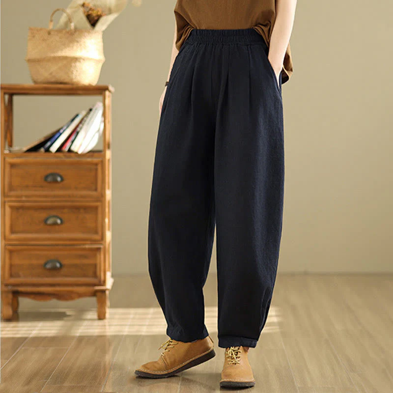 Pantaloni da donna in lino di cotone con tasche, casual, tinta unita, con elastico in vita , Buddha Stones - Image 24