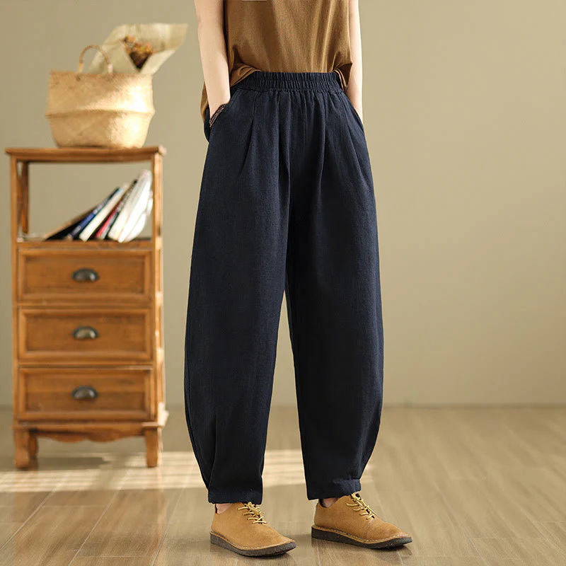 Pantaloni da donna in lino di cotone con tasche, casual, tinta unita, con elastico in vita , Buddha Stones - Image 25