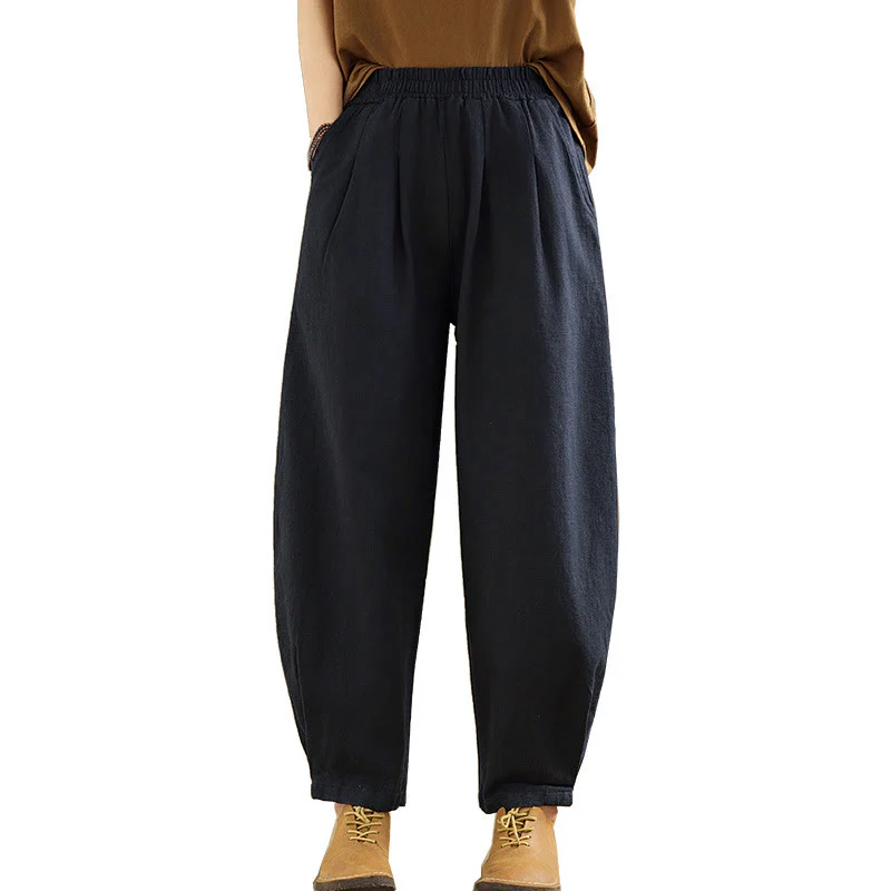 Pantaloni da donna in lino di cotone con tasche, casual, tinta unita, con elastico in vita , Buddha Stones - Image 26