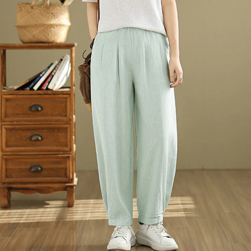 Pantaloni da donna in lino di cotone con tasche, casual, tinta unita, con elastico in vita , Buddha Stones - Image 29