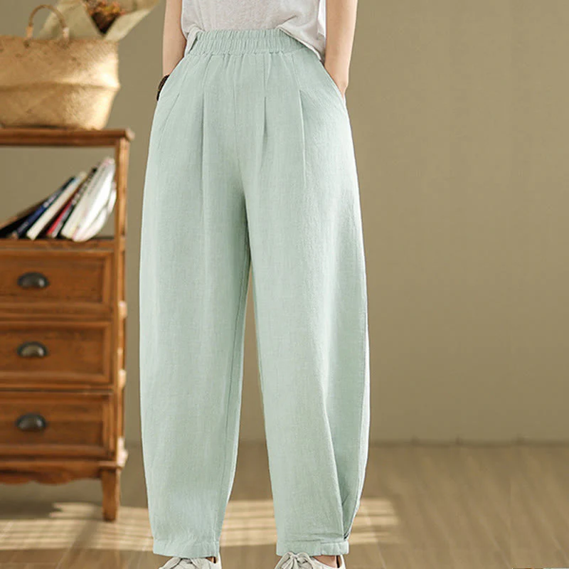 Pantaloni da donna in lino di cotone con tasche, casual, tinta unita, con elastico in vita , Buddha Stones - Image 34