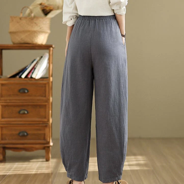 Pantaloni da donna in lino di cotone con tasche, casual, tinta unita, con elastico in vita , Buddha Stones - Image 6