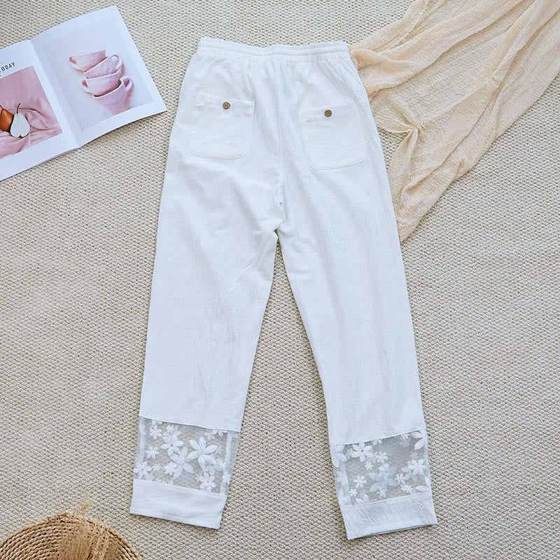 Pantaloni da donna in lino di cotone con tasche, motivo patchwork floreale bianco semplice, estate, quotidiano, Buddha Stones - Image 4