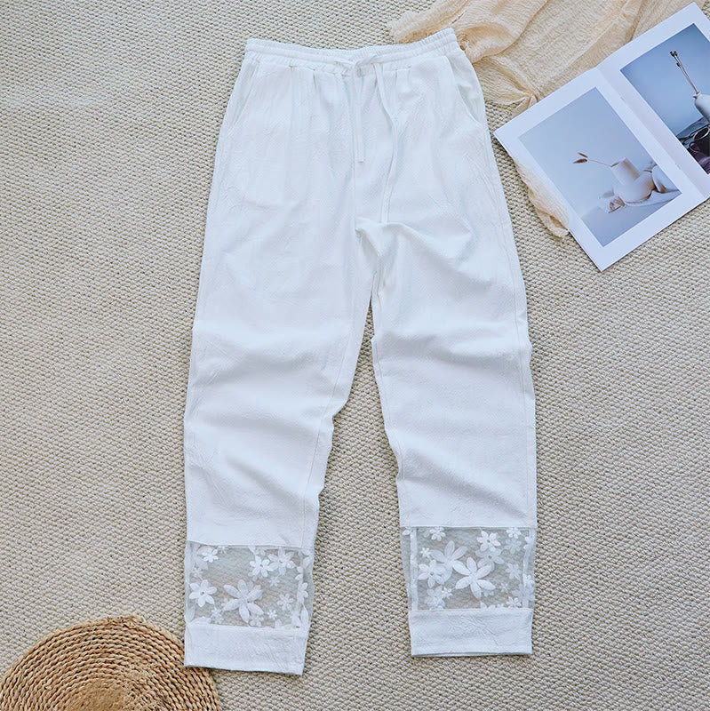 Pantaloni da donna in lino di cotone con tasche, motivo patchwork floreale bianco semplice, estate, quotidiano, Buddha Stones - Image 5
