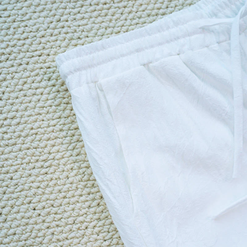 Pantaloni da donna in lino di cotone con tasche, motivo patchwork floreale bianco semplice, estate, quotidiano, Buddha Stones - Image 7