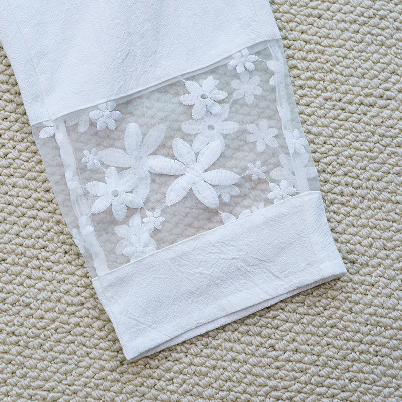 Pantaloni da donna in lino di cotone con tasche, motivo patchwork floreale bianco semplice, estate, quotidiano, Buddha Stones - Image 9