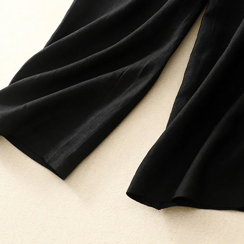 Pantaloni da donna in lino di cotone elasticizzato con tasche, tinta unita, bottoni anteriori e posteriori , Buddha Stones - Image 36
